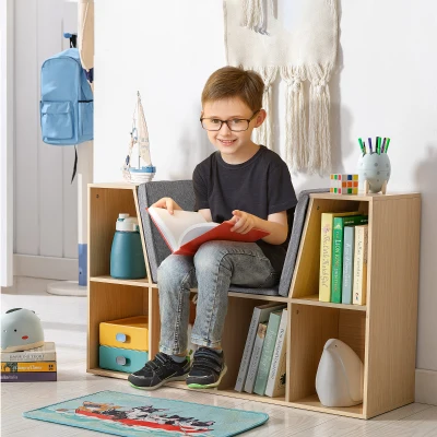 HOMCOM 2-em-1 Estante infantil Estante + Banco com acolchoado incl. almofadas 103 cm × 30 cm × 62 cm Branco + Cinza