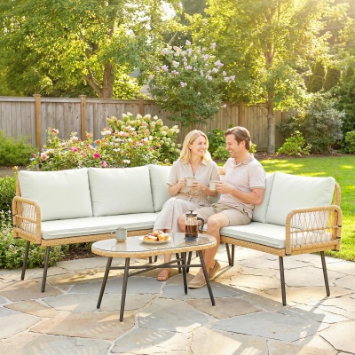 Outsunny Polyrattan Gartenmöbel Set 4-teilig, Lounge Set mit Ecksofa Zweisitzersofa Glastisch abnehmbar Kissen bis 5 Personen