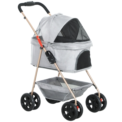 PawHut 3-in-1-Haustierkinderwagen, zusammenklappbarer Hundewagen mit 4 Rädern und abnehmbarer Trage für Hunde und Katzen, Grau