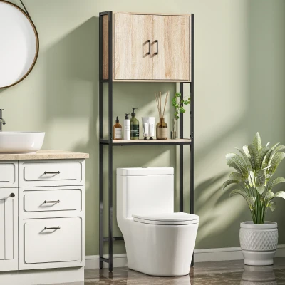 kleankin Mueble sobre Inodoro con 2 Puertas Estante Ajustable Estante Abierto para Espacio Pequeño 64x19x178 cm Natural