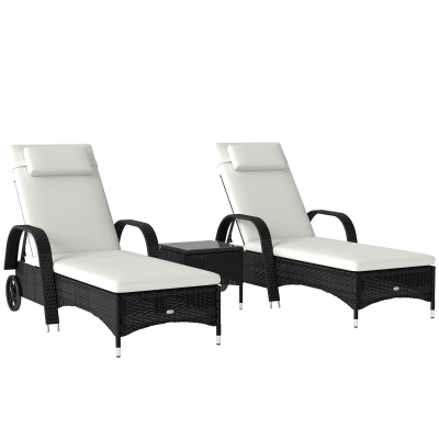 Outsunny Sonnenliege Gartenliege Tisch 3er-Set Gartenmöbel, Polyrattan+Metall Schwarz+Cremeweiß