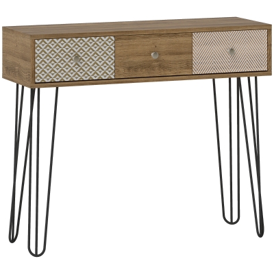 HOMCOM Mesa de Consola Mesa de Sofá con 3 Cajones con Patas de Acero Tipo Horquilla Estilo Bohemio Natural