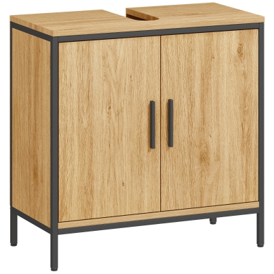 HOMCOM Waschbeckenunterschrank Badezimmer Unterschrank mit 2 Türen, einstellbarem Regal Badezimmerschrank mit Stahlrahmen, für Waschbecken ohne Sockel, Eiche, 60x30x60 cm