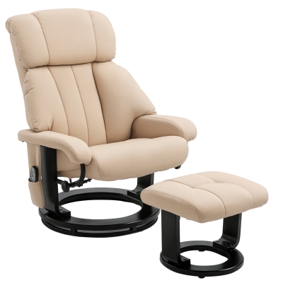 HOMCOM Poltrona Relax com Pufe Poltrona Giratória para TV com Função de Massagem Reclinável Cadeira de Massagem com Controle Remoto Bolso Lateral Poltrona de Descanso em Couro Sintético para Sala de Estar Creme Branco