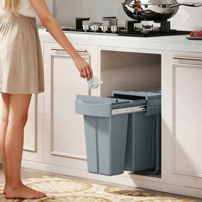 HOMCOM Poubelle Sous Évier 2 Bacs Extractibles 20L+10L Gris