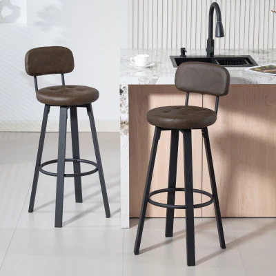 HOMCOM Juego de 2 Taburetes Altos de Cocina Giratorios Tapizados de PU con Respaldo Marco de Metal Reposapiés Marrón Oscuro