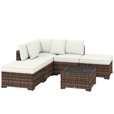 Outsunny Conjunto de Jardín Exterior de Ratán de 6 Piezas con Silla Esquinero 2 Sillas sin Brazos Reposapiés y Mesa Marrón