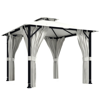 Outsunny Tonnelle 3x3m Métal Crème Double Toit avec Rideaux
