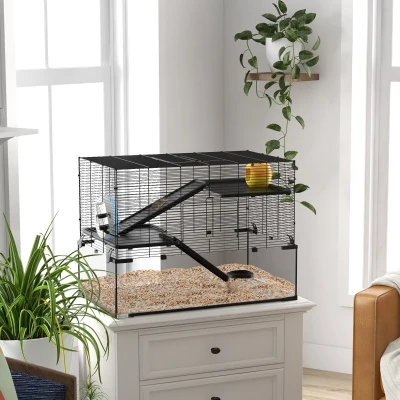 Cușcă Hamsteri 3 Niveluri cu Roată, Negru