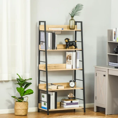 HOMCOM Estantería Librería de 5 Niveles Estantería de Salón Estantería para Libros con Marco de Metal 70x35x149,5 cm Natural