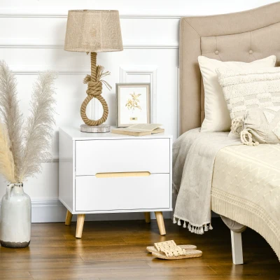 HOMCOM Mesita de Noche con 2 Cajones y Patas de Madera Mesilla de Noche Estilo Moderno 50x40x50,5 cm Blanco