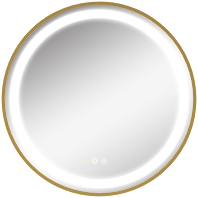 kleankin Espejo de Baño con Luz LED Táctil Función de Memoria Brillo y Color Ajustable y Reloj Ø60x4 cm Dorado