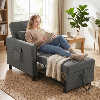 HOMCOM Poltrona Letto Singolo in Tessuto Effetto Lino Grigio
