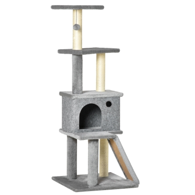 PawHut Albero Tiragraffi con Casetta, Scala e Pali Sisal Grigio