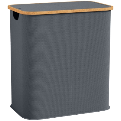 HOMCOM Panier à Linge Double 80L Pliable Gris avec Couvercle
