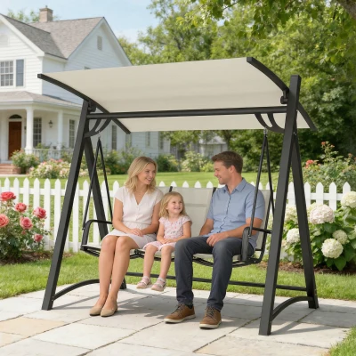 Outsunny Columpio de Jardín de 3 Plazas con Techo Ajustable UPF50+ Asiento Transpirable Carga 360 kg 188x130x183 cm Crema