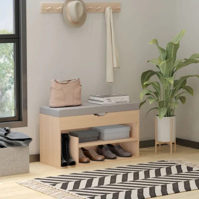 HOMCOM Móvel para Sapatos Banco para Sapatos 2 Níveis Armazenamento, Nicho + Baú Integrado com Almofada Bege Cinza