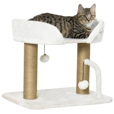 PawHut Indoor Cat Tree 42cm with Toy Balls, Scratching Post - White