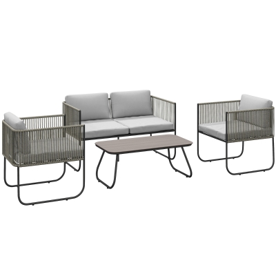 Outsunny Set in Rattan con Divano, 2 Poltrone e Tavolino Grigio