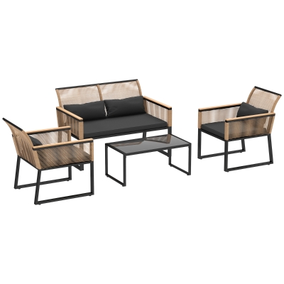 Outsunny Set da Giardino Rattan Divano, 2 Poltrone, Tavolino Nero