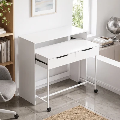 HOMCOM Secretária de Computador Extensível 100 cm com 2 Gavetas Secretária com Arrumação Estilo Moderno Branco
