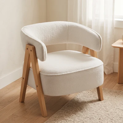 HOMCOM Butaca de Salón Tapizada en Borreguito Acolchada Gruesa Patas de Madera Respaldo Curvado 70x64x71 cm Blanco