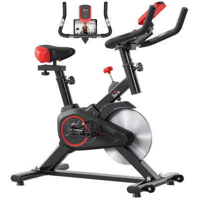 HOMCOM Bicicleta Estática Ciclo Indoor con Pantalla LCD Pulsómetro Sillín y Manillar Ajustables en Altura Volante de Inercia de 6 kg Resistencia Regulable Soporte para Teléfono y Ruedas Negro y Rojo