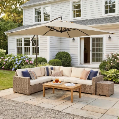 Outsunny Sombrilla Excéntrica para Jardín Grande Apertura con Manivela Poste de Metal y Base Cruzada 294x193x250 cm Beige