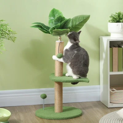 PawHut Árbol Rascador para Gatos 83 cm con Hojas Artificiales, Poste de Yute, Plataformas de Felpa, 2 Juguetes de Bolas, Verde