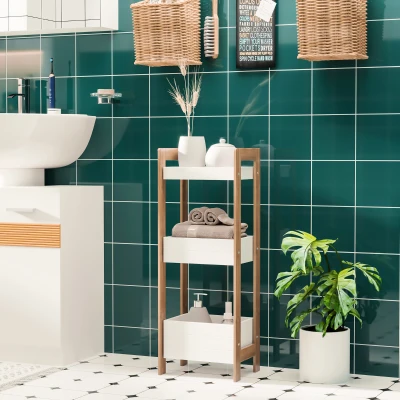 HOMCOM Estantería de Baño con 3 Estantes Organizador de Almacenaje Bambú para Cocina Sala de Estar Lavadero 27,5x20,8x74 cm Color Blanco y Natural