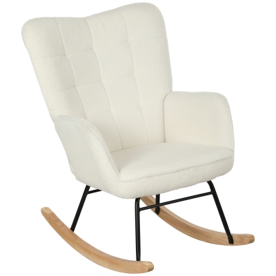 HOMCOM Schaukelstuhl in Vliesoptik mit Armlehnen, Ergonomischer Sessel mit Holzkufen, für Wohnzimmer, Schlafzimmer, Weiß