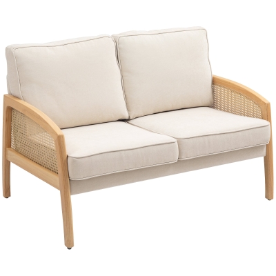 HOMCOM Sofá de 2 Plazas Tapizado en Chenilla con 2 Almohadas Lavables y Reposabrazos de Ratán Sintético 123x75x88 cm Beige