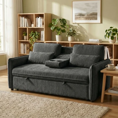 HOMCOM Sofá Cama 2 Plazas 3 en 1 con Mesa Auxiliar Portavasos Respaldo Ajustable Bolsillos Laterales 2 Almohadas Gris Oscuro