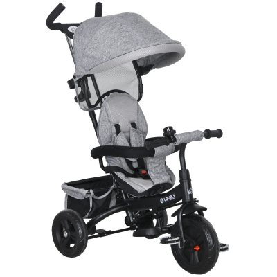 HOMCOM 6-in-1 Kinderdreirad mit Schiebestange, Dach, Gurt, Ablagekorb, für 1-5 Jahre, Grau