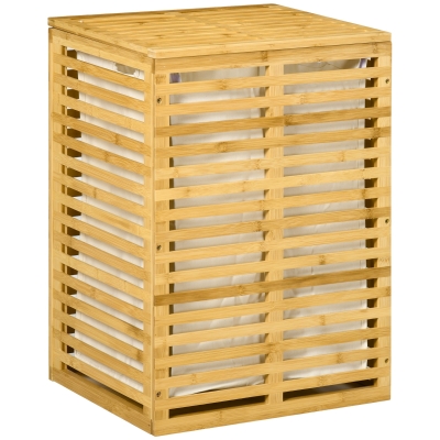 HOMCOM Bambus Wäschekorb mit 63 L Wäschesammler mit Deckel Wäschesack, Stange 44 x 37 x 62,5 cm Naturholz