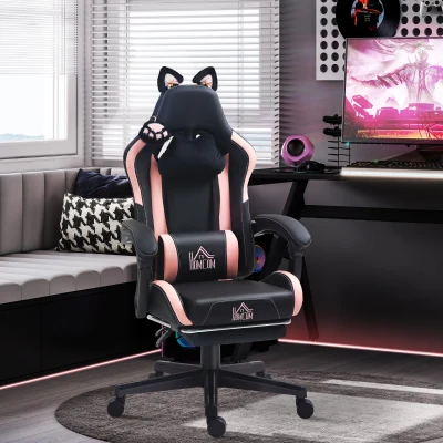 HOMCOM Gaming-Sessel mit Katzenohren, neigbare Lehne, ausziehbare Fußstütze, bis 120 kg, Rosa/Schwarz