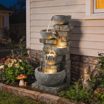 Outsunny Fuente de Jardín con Iluminación LED y Bomba Fuente Decorativa en Cascada de 5 Niveles 334x36x80 cm Multicolor