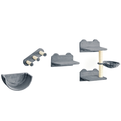 PawHut 4PCs Wall-Mounted Cat Shelves w/ Scratching Post, Hammock, Nest - Grey
