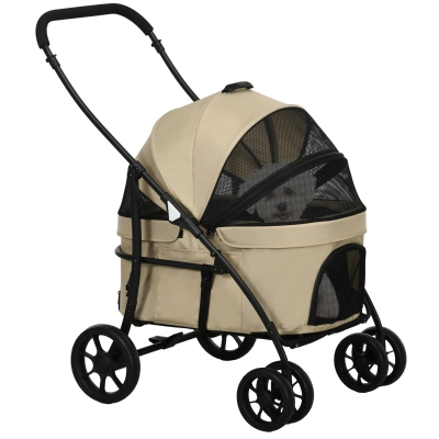PawHut Carrito para Perros Plegable Cochecito para Mascotas con 2 Correas de Seguridad Cojín y Marco de Acero Caqui