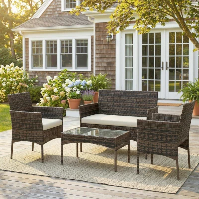 Outsunny Salon de Jardin 4P Rotin Beige Marron avec Table Basse