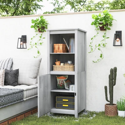 Outsunny Gartenschuppen mit Scheunentür, verstellbare Regale, schlankes Design, Tannenholz, Hellgrau
