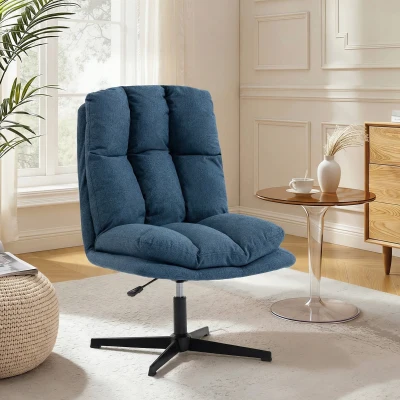 HOMCOM Butaca de Salón Giratorio 360° Altura Ajustable Asiento Ancho Tapizado en Lino Base de Metal Azul Oscuro