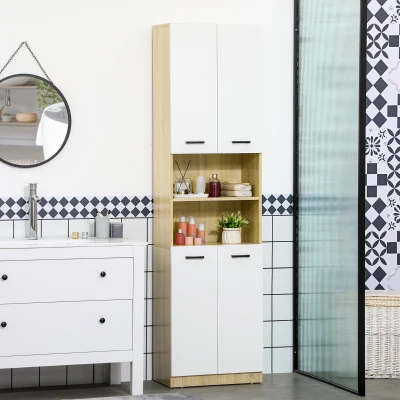 kleankin Armario Alto de Baño con 4 Puertas 2 Estantes Abiertos y Estantes Ajustables 53x33,5x195,7 cm Blanco y Roble