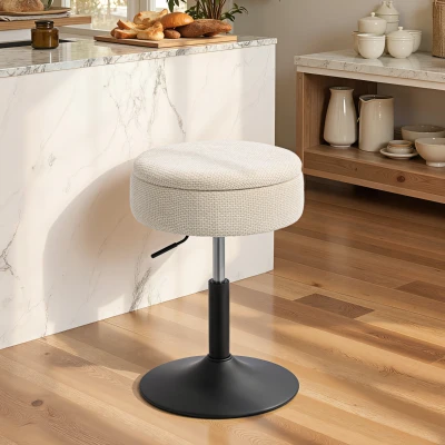 HOMCOM Taburete de Bar con Almacenaje Altura Ajustable Taburete de Cocina Redondo Giratorio Tapizado en Chenilla Beige