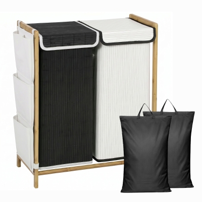 HOMCOM Cesto de Ropa Sucia con Tapa 120L de Bambú con 2 Compartimentos Bolsas con Cordón Bolsillos Laterales Blanco y Negro