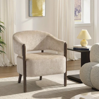 HOMCOM Accent Tub Chair Chenille Wood Frame Wide Seat Beige