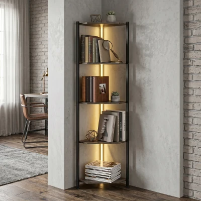 HOMCOM Bücherregal 5-stöckiges Eckregal mit LED-Beleuchtung für Wohnzimmer, Schlafzimmer, Büro, Rustikal Braun
