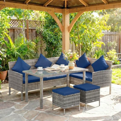 Rattan Sofa Set 142cm x 60cm x 75cm Dark Blue