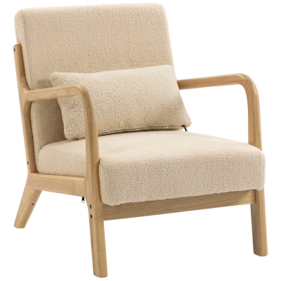 HOMCOM Fauteuil Lounge Velours Beige Bois 3 Coussins Assise Profonde