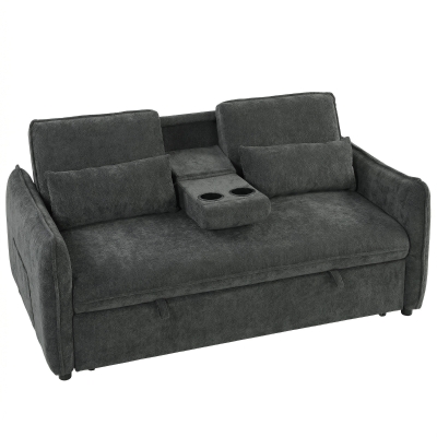 HOMCOM Sofá Cama 2 Plazas 3 en 1 con Mesa Auxiliar Portavasos Respaldo Ajustable Bolsillos Laterales 2 Almohadas Gris Oscuro